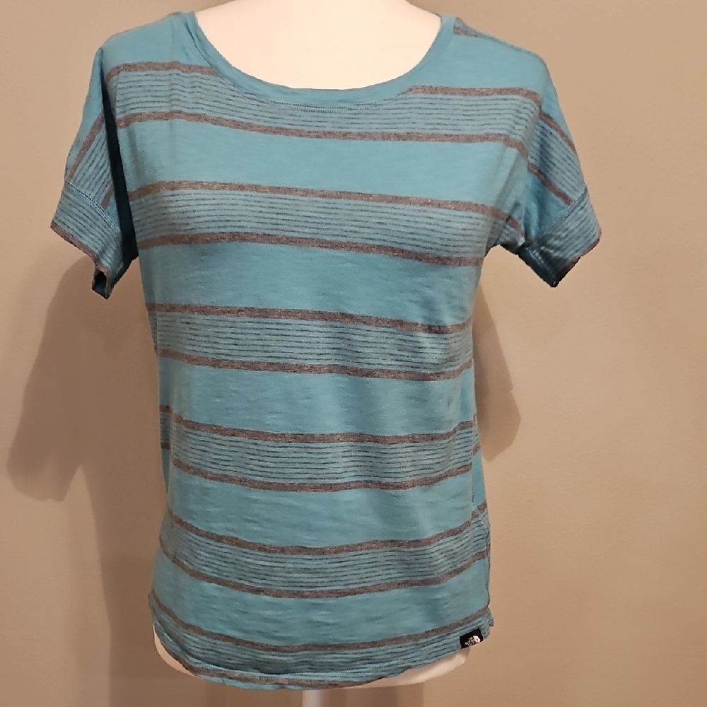 The North Face Teal and Gray Striped Women's Tee Shirt